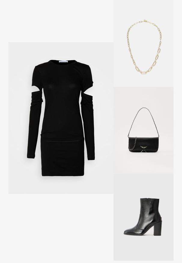 Helmut Lang SLASH DRESS - Trikotaažkleit - black; Must kõvale nahast pahklipsu saapad, millel on sile tekstuur, terav varvas ja paks kõrge kann. Omab külgavatust ja minimalistlikku disaini.; Mustvalge nahk käekott hõbedase ahelsanga ja dekoratiivsete tiivaaktsentidega, samuti valgete õmblustega alumises ühenduses.; Kullatud kett kaelakee, millel on piklikud ovaalsed lingid ja ümmargused selged vääriskivi aksessuaarid. Omab turvalist lingi sulgust ja poleeritud viimistlust.