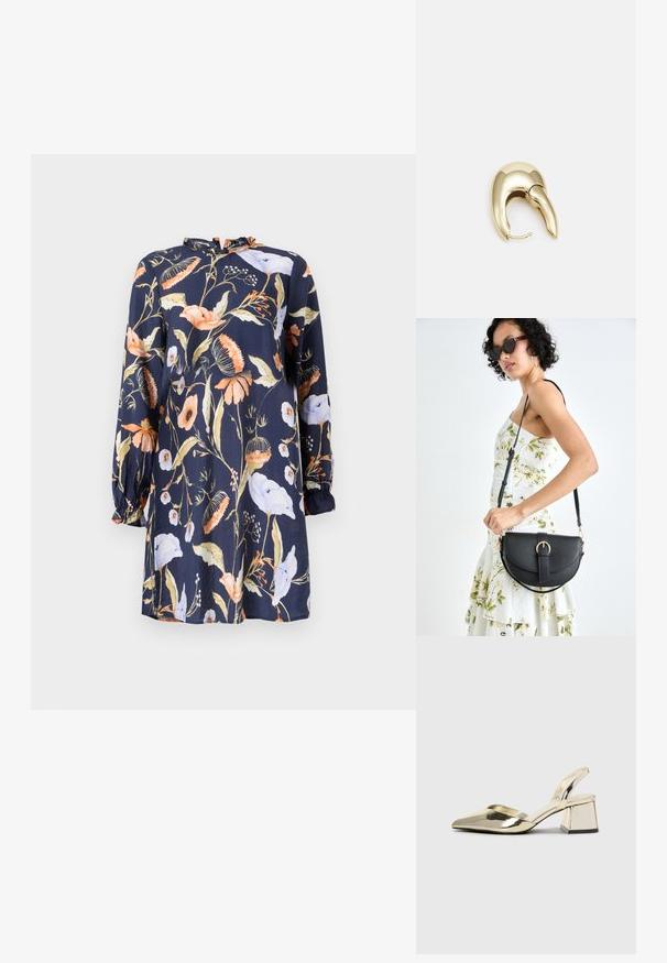 Cvetna obleka iz mornarskega blaga z okroglim izrezom. Ima dolge rokave z elastičnimi manšeti, okrašena z oranžnimi in belimi cvetličnimi vzorci.; Zlati, kovinski slingback čeveljci z ostrim nosom in masivnim peto. Gladka tekstura, minimalistična zasnova in ozka zanka.; Črna usnjena torbica s ukrivljeno obliko, z odstranljivo naramnico in zlatimi dodatki. Torbica ima pokrov s podrobnostmi v obliki zaponke.; Uhane nakit iz zlatastega tona z gladko, ukrivljeno zasnovo. Ima edinstveno koničasto obliko, polirano površino in zaponko s tečajem.