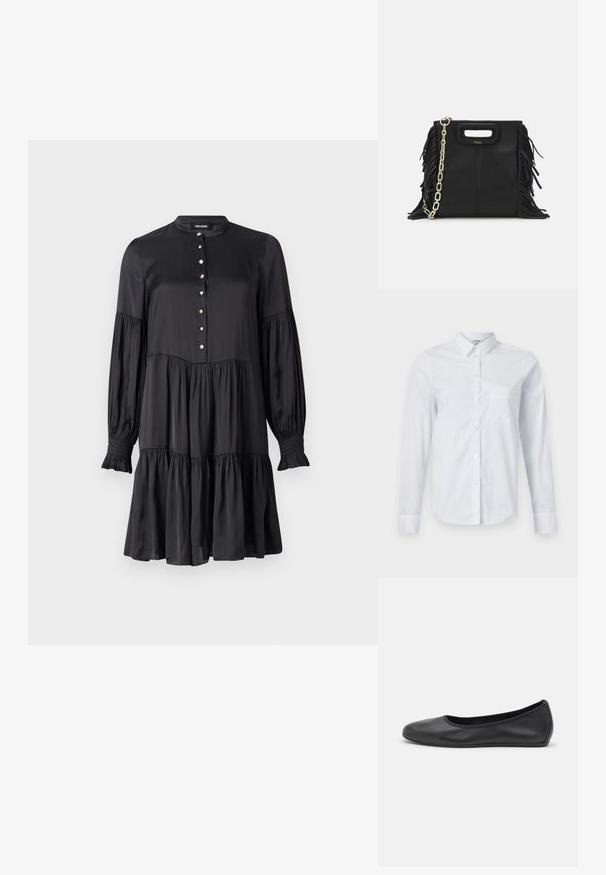 Melnas kleitas ar augstu apkakli, pogu priekšpusi un garām pūkainām piedurknēm. Iezīmē slāņotu svārku un rotātas pogas ar zvaigžņu un sirds formām.; Balts garās piedurknes krekls, izgatavots no kokvilnas. Tam ir pogājams priekšpuse, norādīta apkakle un krūšu kabata kreisajā pusē.; Melna ādas baleta kurpe ar noapaļotu purngalu, gludu tekstūru, minimālu šuvju detalizāciju un elastīgu zoles dizainu.; Melna ādas rokassoma ar frizūras detaļām, zelta ķēdes plecu siksnu un izgrieztu rokturi. Ir logotipa novietojums priekšpusē.