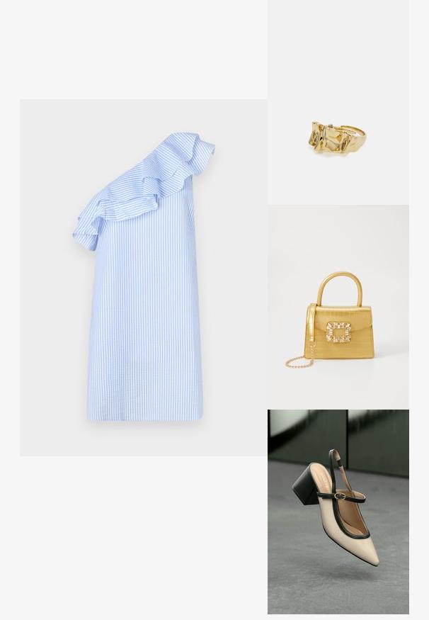 Jednodijelna haljina od svijetloplavog i bijelog prugastog materijala. Ima volanasti izrez i ravni kroj. Glatka tekstura, minimalistički dizajn.; Bež cipele s otvorenom petom i šiljastim vrhom, crnim obrubom, zlatnom kopčom i debelim blok-petom na sivom podu s tamnozelenom pozadinom.; Žuta torbica od umjetnog krokodila sa strukturiranim dizajnom, gornjom ručkom, odvojivim lančićem i dekorativnim kristalnim ukrasom na kopči.; Zlatni prsten s teksturiranim, valovitim dizajnom koji ima tri istaknuta vrha. Glatka, sjajna površina s otvorenom trakom za podešavanje veličine.