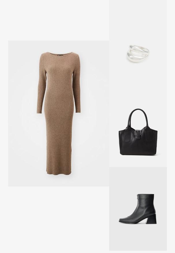 Kratka dolga majica iz rebraste tkanine v topli rjavi barvi, s krožnim izrezom in oprijetim krojem, ki sega do gležnjev.; Črne usnjene gležnjarice s kvadratnim nosom, stranskim zadrgo in blok peto na enostavni svetli podlagi.; Črna usnjena torba s gladko teksturo, strukturirano obliko, dvema ročkama in izrazitim srebrnim sponko na sprednji strani.; Srebrn dvojni prstan z gladko, polirano površino. Ima tekoč, ukrivljen dizajn z prekrivajočimi se sekcijami za sodoben videz.