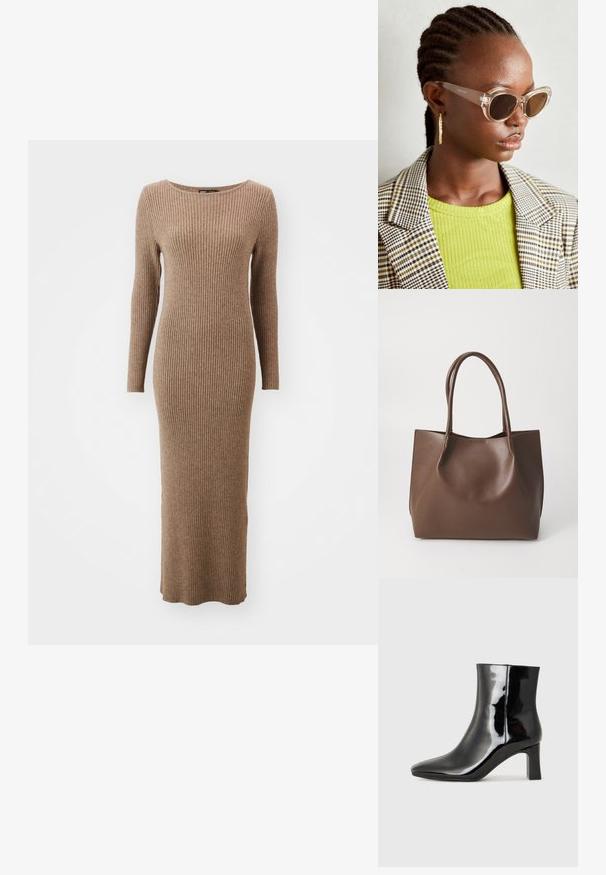 Hosszú ujjú bordás ruha meleg barna színben, kerek nyakkivágással és testhez simuló fazonnal, ami a bokaig ér.; Fekete lakk bőrcipő bokáig érő, hegyes orral és közepes magasságú tömbsarokkal. Simább textúrával és minimalista dizájnnal rendelkezik.; Tiszta macskaszem napszemüveg barna lencsékkel és átlátszó kerettel. Model éppen egy zöld bordázott felsőt és kockás blézert visel. Arany fülbevalók.; Barna bőr tote táska két hosszú fogantyúval, strukturált alakú, sima felületű és minimalista dizájnnal. Nincs látható fémrész vagy díszítés.