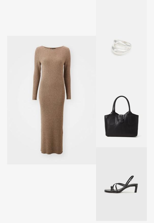 Długa, prążkowana sukienka z długim rękawem w ciepłym brązowym kolorze, z okrągłym dekoltem i dopasowanym krojem, który sięga kostek.; Czarne sandały na obcasie z prostokątnym noskiem i niskim słupkowym obcasem. Posiadają wiele cienkich pasków i regulowany pasek na kostkę. Wykonane z gładkiej skóry.; Czarna skórzana torba tote o gładkiej fakturze, usztywnionym kształcie, dwóch uchwytach oraz wyraźnym srebrnym zapięciu na przodzie.; Srebrna obrączka podwójna z gładką, polerowaną powierzchnią. Posiada płynny, zakrzywiony kształt z nakładającymi się sekcjami, co nadaje nowoczesny wygląd.