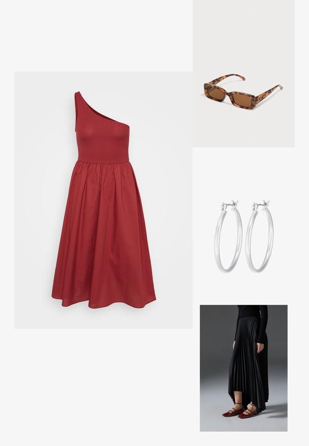One-shoulder red dress with a fitted bodice and a flared skirt, made of smooth fabric, featuring a gathered waist.; Black pleated skirt with a high-low hem, paired with glossy red flats featuring a strap design. The fabric has a smooth texture.; Tortoiseshell sunglasses with rectangular brown lenses, a thick frame, and slim arms featuring a pattern of varying shades of brown.; Silver hoop earrings with a smooth, polished finish. Round shape and secure click-top closure. Lightweight design suitable for everyday wear.