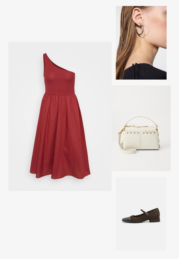 Ein rotes Ein-Schulter-Kleid mit tailliertem Oberteil und ausgestellt Rock, gefertigt aus glattem Stoff und mit gerafftem Taillenbund.; Braune Wildleder-Mary-Jane-Schuhe mit einer schwarzen Lackleder-Zehenspitze, verstellbarem Riemen und einem niedrigen Blockabsatz. Glatte Textur mit minimalen Akzenten.; Weiße Kunstlederhandtasche mit einem oberen Reißverschluss, einem kurzen Griff und einem abnehmbaren Schultergurt mit goldfarbener Hardware. Seitliche Schnürdetails.; Silberne Creolen mit polierter Oberfläche, die kleine goldene Akzentdetails und eine runde Form aufweisen, am Ohrläppchen getragen.