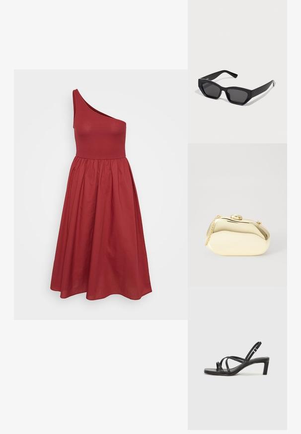 Czerwona sukienka na jedno ramię z dopasowanym gorsetem i rozkloszowanym dołem, wykonana z gładkiego materiału, z marszczonym pasem.; Czarne sandały na obcasie z prostokątnym noskiem i niskim słupkowym obcasem. Posiadają wiele cienkich pasków i regulowany pasek na kostkę. Wykonane z gładkiej skóry.; Czarne prostokątne okulary przeciwsłoneczne z grubymi oprawkami, ciemnymi soczewkami i kanciastym kształtem. Gładki plastikowy materiał bez widocznych wzorów czy dodatków.; Metaliczna złota kopertówka o gładkim, zaokrąglonym kształcie, z górnym zapięciem na guzik i małym łańcuszkiem do noszenia.