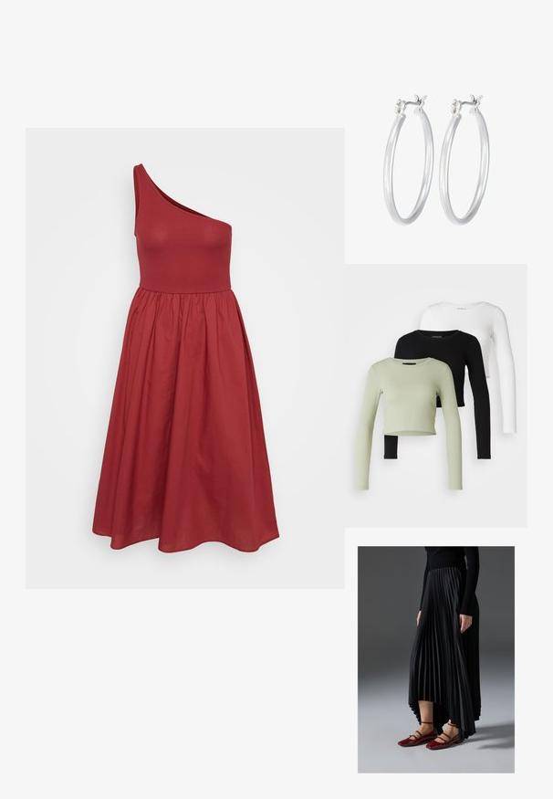 Ein rotes Ein-Schulter-Kleid mit tailliertem Oberteil und ausgestellt Rock, gefertigt aus glattem Stoff und mit gerafftem Taillenbund.; Even&Odd Petite 3 PACK - Langarmshirt - black/white/light green; Schwarzer, plissierter Rock mit einem High-Low-Saum, kombiniert mit glänzenden roten Ballerinas mit einem Riemen-Design. Der Stoff hat eine glatte Textur.; Silberne Creolen mit einer glatten, polierten Oberfläche. Runder Form und sicherem Klickverschluss. Leichtes Design, geeignet für den täglichen Gebrauch.