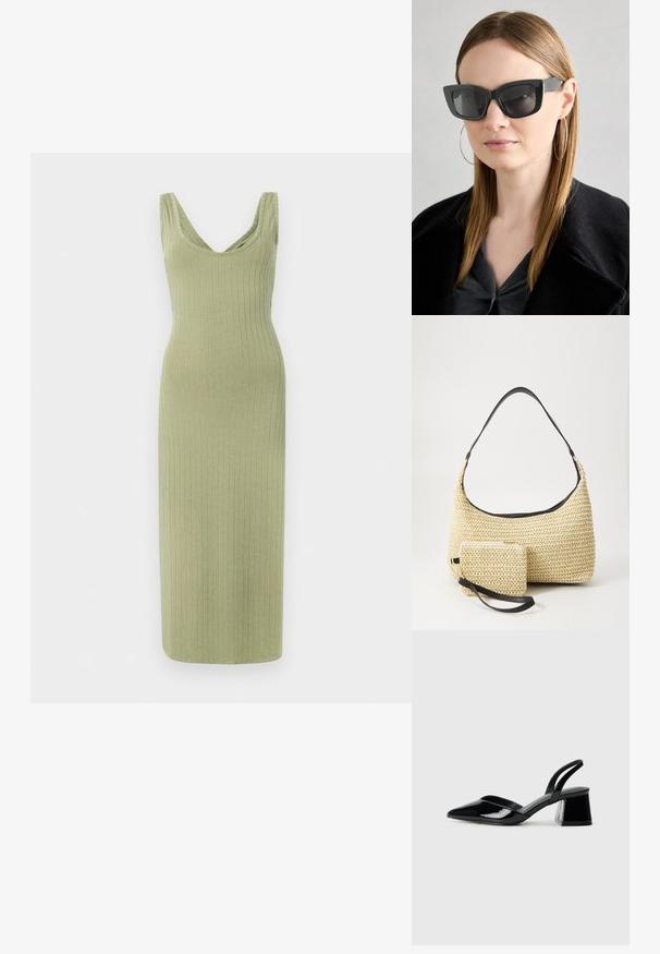 Ribbet, lang, olivengrøn kjole med V-hals og brede skulderstropper, der har en tætsiddende form og blød tekstur.; Sorte patentlæder slingback hæle med spids tå og en geometrisk blok hæl. Har et elegant, minimalistisk design og en glat tekstur.; Sorte katteøje solbriller med mørke linser, tykke rammer og subtile detaljer. Båret med en sort frakke og en grå bluse, med langt, glat hår.; Vævet stråhåndtaske med en buet silhuet, der har en glat sort læderrem og en matching lille pung, der er fastgjort med en håndledsrem.