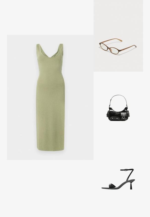 Ribbed, długa, oliwkowa sukienka z dekoltem w kształcie litery V i szerokimi ramiączkami, o dopasowanym kroju i miękkiej teksturze.; Bershka - Sandały na obcasie; Brązowe okulary w motyle z owalnymi soczewkami, cienkimi ramionami i przezroczystymi akcentami. Posiadają subtelne logo na zauszniku. Smukły, lekki design.; Czarna torebka z lakierowanej skóry o zaokrąglonym kształcie, z jednym paskiem na ramię, przednimi kieszeniami i akcentami w kolorze srebrnym.