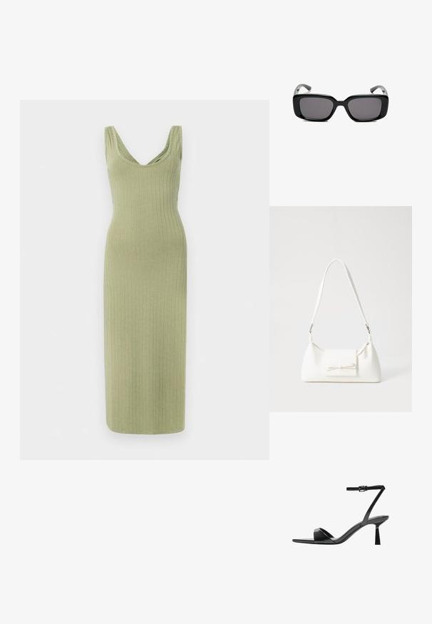 Robe longue rayée, verte olive, avec un décolleté en V et de larges bretelles, présentant une silhouette ajustée et une texture douce.; Bershka Sandales à talons hauts - black; Lunettes de soleil noires rectangulaires avec des verres foncés, monture en plastique lisse et branches courbées. Le design est épais avec une esthétique minimaliste.; Sac à main synthétique blanc en forme triangulaire, avec un rabat avant plat et un détail en nœud, une bandoulière ajustable, une texture lisse et un design minimaliste.