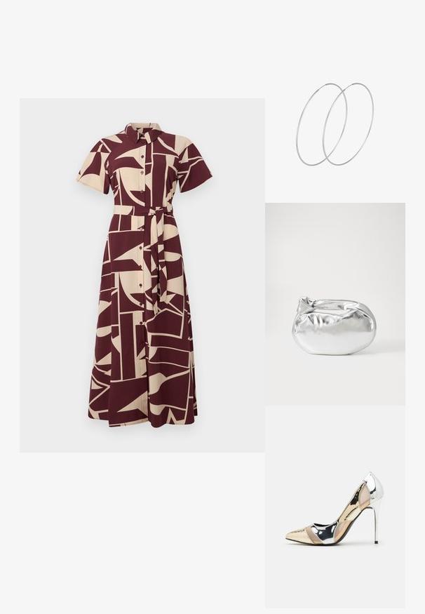Haljina košulja u burgundiju i bež boji s uzorkom, kratkih rukava, ovratnikom, prednjim kopčanjem i remenom u struku, s geometrijskim oblicima i linijama.; Cipele s visokom potpeticom i špicastim vrhom u srebrnoj, zlatnoj i nude boji. Sjajan finiš s izrezbarenim dizajnom, s potpeticom u obliku stiletto.; Srebrna metalik torbica s mekim, zaobljenim oblikom i čvorastim zatvaranjem na vrhu. Izrađena od glatke sintetičke kože.; Srebrne okrugle naušnice s minimalističkim dizajnom. Kružni oblik, glatka tekstura i tanak profil. Lagane s poliranim završetkom.