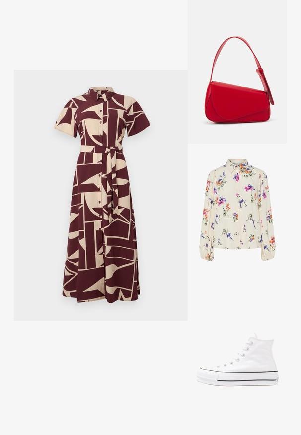 Abito camicia a maniche corte in bordeaux e beige con motivo, colletto, chiusura con bottoni e cintura in vita, caratterizzato da forme geometriche e linee.; Blusa floreale con maniche puff lunghe, base di un chiaro crema, caratterizzata da motivi floreali in viola, arancione e verde, con un classico design del colletto.; Sneaker alta in tela bianca con suola in gomma nera, punta in gomma frontale e sei asole per i lacci, caratterizzata da un design pulito e minimalista.; Borsa a tracolla in pelle rossa con un design angolare e geometrico. Presenta una singola tracolla regolabile e una chiusura a patta con dettagli cuciti.