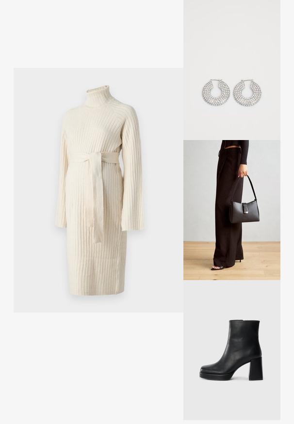 Κρεμ φόρεμα πλεκτής υφής με ραβδωτό σχέδιο, ψηλό λαιμό, μακριά μανίκια και ζώνη που δένει στη μέση, σχεδιασμένο για άνεση και εφαρμογή.; Μαύρη δερμάτινη μποτάκι στον αστράγαλο με τετράγωνο τακούνι και πλατφόρμα, απεικονισμένο από το πλάι σε λευκό φόντο.; Μαύρη τσάντα χειρός με δομημένο σχήμα, λεία υφή και μεταλλικό κούμπωμα. Συνδυασμένη με φαρδιά μαύρα παντελόνια και σανδάλια ανοιχτής μύτης πάνω σε ξύλινο πάτωμα.; Ασημένιες κρίκοι σκουλαρίκια διακοσμημένα με πολλές καθαρές κρυστάλλινες λεπτομέρειες, με υφή επιφάνειας και ανοιχτό κυκλικό σχέδιο.