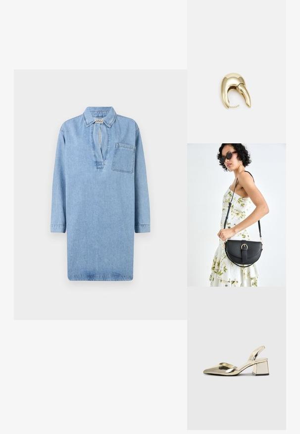 Lyseblå denimkjole med krage, 3/4-ermer, en smal V-hals og en brystlomme. Glatt tekstur og strukturert design.; Gull, metallisk slingback-hæler med spiss tå og chunky hæl. Glatt tekstur, minimalistisk design og en smal stropp.; Svart lærveske med en buet form, avtagbar stropp og gullbeslag. Vesken har et klaff med spenne-detall.; Gullfarget metalløredobber med et elegant, buet design. Har en karakteristisk spiss form, polert overflate og hengsel-lukking.