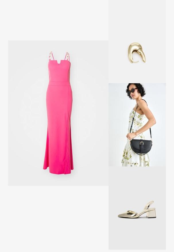Rózsaszín, testhezálló maxi ruha V nyakkivágással, spagetti pántokkal és virágmintákkal a pántokon. Simaságát egy oldalsó hasíték is kiegészíti.; Arany, fémből készült slingback sarkú cipők hegyes orral és vastag sarokkal. Simaság, minimalista design és keskeny pánt jellemzi.; Fekete bőrtáska ívelt formával, levehető pánttal és arany színű fémrészekkel. A táskán egy csattal díszített fedél található.; Aranyszínű fém fülbevaló, elegáns, ívelt formával. Különleges hegyes alak, fényes felszín és zsanéros záródás jellemzi.