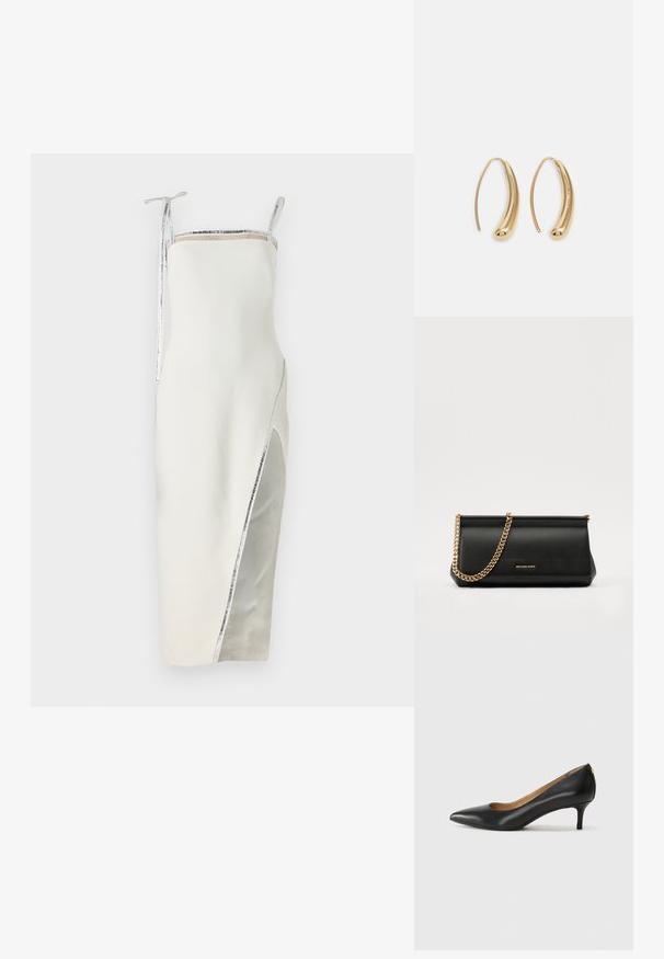 David Koma - Suknia balowa; Czarne skórzane szpilki z wąskim noskiem, niskim obcasem i gładką fakturą. Posiadają lekko otwarte przody i minimalne okucia z tyłu.; Czarna skórzana kopertówka z złotym łańcuszkiem, charakteryzująca się gładką fakturą, prostokątnym kształtem i wytłoczonym logo z przodu.; Złote metalowe kolczyki w kształcie obręczy o zakrzywionym, wydłużonym kształcie. Posiadają gładką, błyszczącą powierzchnię oraz zaokrąglony koniec dla dodatkowego efektu.