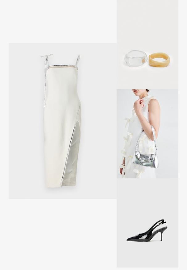 David Koma CRYSTAL TRIM DETAIL OPEN LEG DRESS - Pidulikud riided - white/silver; Must mustrinna nahk Slingback-kleit, millel on terav nina ja peen kont. Tagaküljel on reguleeritav nööbiga rihm. Sujuv tekstuur.; Hõbedane metallik käekott struktureeritud kujuga, millel on ülemine sang ja ettepoole suunatud paeladetail. Sile tekstuur, peegeldav viimistlus.; Selge ja merevaigu pringi, üks sile ja läbipaistev, teine tekstuurse, merevaigu viimistlusega. Mõlemad omavad ümarat, tugevat disaini.