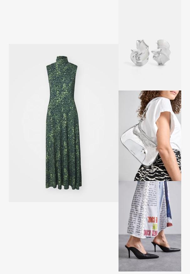 Proenza Schouler White Label JAMIE DRESS IN SHADOW - Trikotāžas kleita - multi-coloured/dark blue/olive; Melni ādas mūļi ar smailu purngali un stiletto papēdi, apvienoti ar baltiem rakstainiem apģērbem ar auklīšu detaļām.; Sudrabaini metāla plecu soma ar gludu tekstūru, izliekta dizaina, ķēdes siksnu un pulētu priekšējo paneli ar smalku logotipa gravējumu.; Sudeļi ar plūstošu spirālveida dizainu. Gluda tekstūra ar pulētu apdari. Iezīmējas ar maigu spīdumu un nav redzamu rotājumu.
