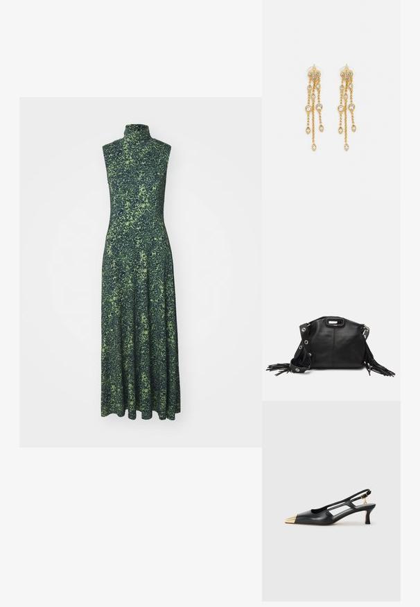 Proenza Schouler White Label JAMIE DRESS IN SHADOW - Rochie din jerseu - multi-coloured/dark blue/olive; Pantofii slingback din piele neagră, cu vârful ascuțit și vârf metalic auriu. Prezintă un design cu decupaje și un toc subțire cu curea ajustabilă.; Maje MISS MINI - Geantă crossbody - noir; Cercei aurii cu multiple lanțuri suspendate, având accente din rhinestone ovale clare și capete decorative cu tighel.