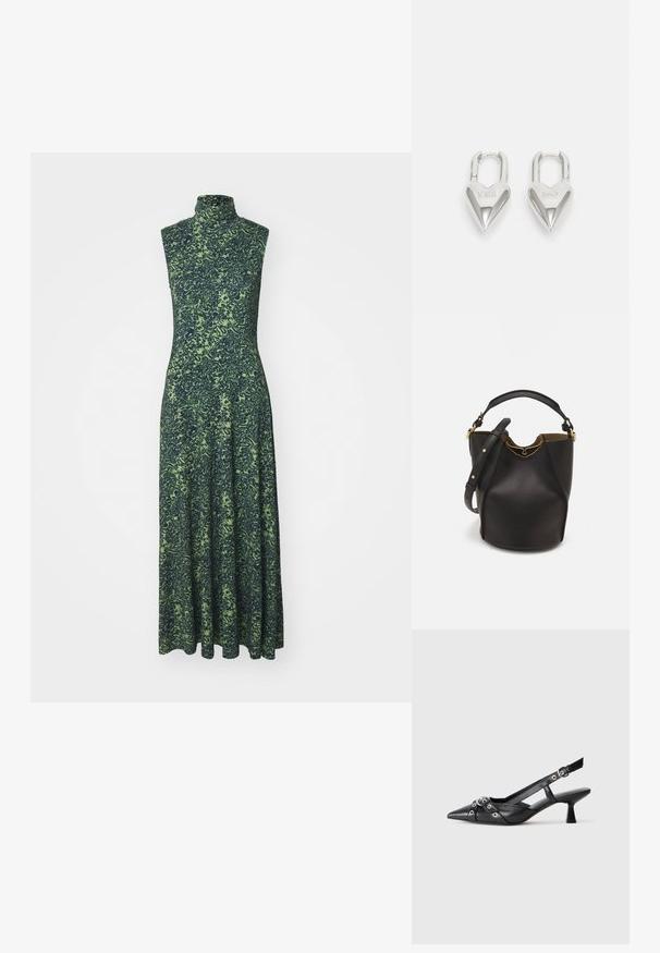 Proenza Schouler White Label JAMIE DRESS IN SHADOW  - Jerseykleid - multi-coloured/dark blue/olive; Schwarzer Leder-Slingback-Schuh mit spitz zulaufender Zehenpartie, dekorativen Riemen mit METALLÖSEN und niedrigem Blockabsatz. Strukturelle Oberfläche.; Schwarze Leder-Eimerhandtasche mit strukturierter Oberfläche, goldenen Hardware-Akzenten und offenem Design. Verfügt über einen kurzen Griff und einen verstellbaren Schultergurt.; Silberne herzförmige Vorhängeschlösser mit eingravierten "JA"- und "NEIN"-Texten, polierte Oberfläche, symmetrisches Design und einem robusten Metallverschluss.