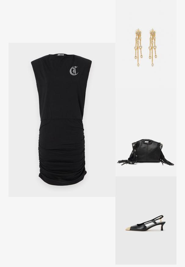 Musta mekko, jossa on kapea siluetti, hihattomat hihat ja rypytetty sivusomistus. Rinnassa pieni logo kristalleilla.; Mustat nahkaiset slingback-kengät, joissa on terävä kärki ja kultainen metallikärki. Ominaisuuksiin kuuluu leikattu muotoilu ja hoikka korko, joka on säädettävällä hihnalla.; Maje MISS MINI - Olkalaukku - noir; Kultaketjua roikkuvat korvakorut, joissa on useita putoavia ketjuja, ja selkeitä ovaaleja rhinestone-akselteja sekä koristeelliset niittitoppaukset.