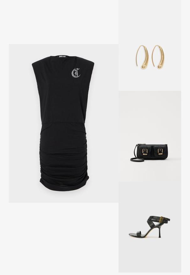 Fekete ruha testhezálló fazonnal, ujjatlan, és oldalt részletezett ráncolással. Az elején egy kis logó található strasszkövekből.; Fekete magassarkú szandál keresztpántos dizájnnal és állítható csattal. Simább felülettel és hegyes tűsarkúval rendelkezik.; Fekete bőr keresztbody táska két elülső zsebbel, arany csattokkal, cipzáras záródással és vékony pánttal. Textúrált felület és kompakt téglalap alak.; Aranyszínű fémből készült karika fülbevalók ívelt, hosszúkás formával. Simaságával és fényes felületével, valamint lekerekített végével további részletekkel bővül.