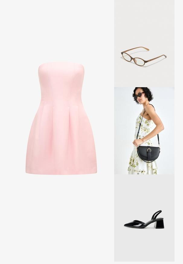 Vestido sem alças em tecido rosa suave, apresentando um corpete justo e uma saia plissada. Textura lisa com detalhes de costura limpa.; Sandy em verniz preto com salto slingback, ponta afilada e salto geométrico. Apresenta um design elegante e minimalista com textura suave.; Óculos tortoiseshell castanhos com lentes ovais, hastes finas e acabamentos transparentes. Apresenta um logótipo subtil na têmpora. Design elegante e leve.; Bolsa de couro preta com forma curva, alça destacável e detalhes em dourado. A bolsa possui uma aba com detalhe de fivela.