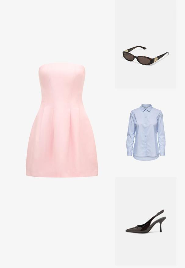 Šaty bez ramínek z jemné růžové látky, s těsně padnoucím korzetem a plisovanou sukní. Hladká textura s precizním šitím.; Modrá pruhovaná košile na knoflíky s límečkem, dlouhými rukávy a zakřiveným lemem. Tkanina se zdá být hladká a lehká. Zapínání na knoflíky vpředu.; Slingback lodičky na vysokém podpatku z lesklé tmavě hnědé lakované kůže, s špičatou špičkou, otevřenými stranami a nastavitelným páskem kolem kotníku.; Brýle sluneční s kočičím vzorem, prodloužené oválné čočky, hnědý odstín, zlaté logo na spáncích a elegantní černé nožičky.