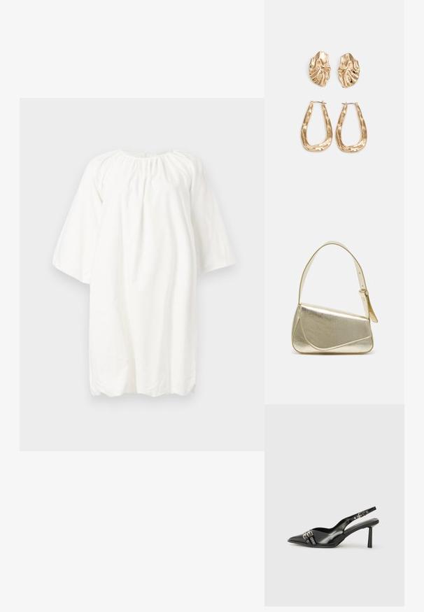 Valge puuvillane kleit ümmarguse kaelusega, kolmeveerandi varrukatega ja kokku kogutud detailidega kaeluses; kerge, lihtne disain.; Must musta nahk kingad sanga ja terava ninaga, ankle strapidega, millel on hõbedased pandlad ja riistvara ning õhuke konts.; Kuldmetallist käekott, millel on struktureeritud disain, sile tekstuur ja reguleeritav rihm. Omab ainulaadset kolmnurkset kuju ja minimalistlikku õmblust.; Kuldse värvi kõrvarõngad, mis on kaunistatud tekstuursete ja laineliste kujunditega. Komplektis on skulpturaalsed klamber kõrvarõngad ja avatud rõngasdisain, millel on lõhestatud viimistlus.