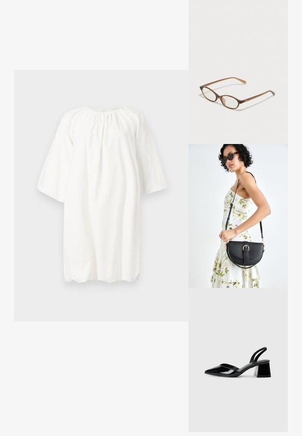 Rochie albă din bumbac cu decolteu rotund, mâneci trei sferturi și detaliu plisat la decolteu; design simplu și lejer.; Pantofi cu toc slingback din piele lacuită neagră, cu vârf ascuțit și toc geometric. Prezintă un design elegant, minimalist și o textură netedă.; Ochelari în nuanță de țestoasă maro, cu lentile ovale, brațe subțiri și accente transparente. Prezintă un logo subtil pe tâmplă. Design elegant și ușor.; Geantă din piele neagră, cu o formă curbată, curea detașabilă și accesorii aurii. Geanta are un capac cu un detaliu tip cataramă.