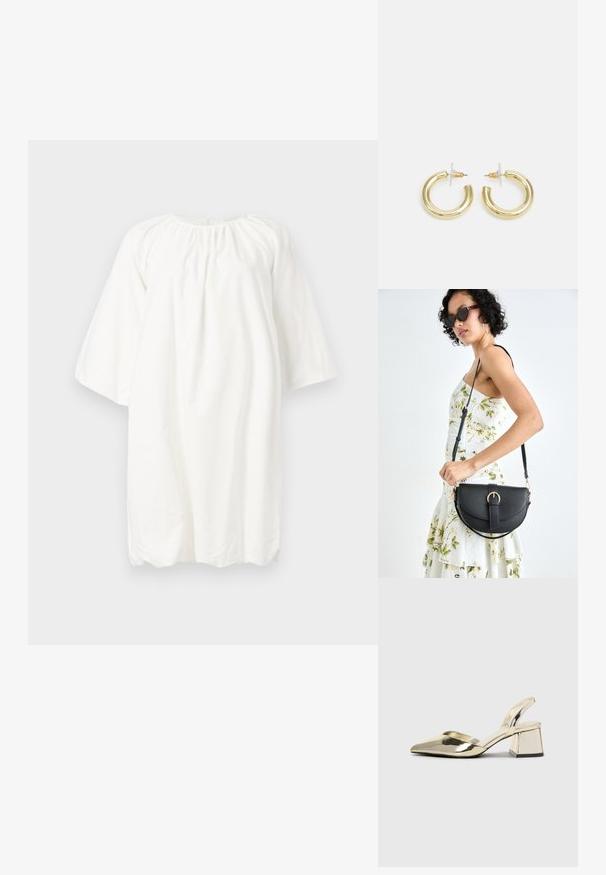 Biała bawełniana sukienka z okrągłym dekoltem, rękawami o długości trzech czwarte i marszczeniem przy dekolcie; luźny, prosty krój.; Złote, metaliczne szpilki z boku z wydłużonym noskiem i grubym obcasem. Gładka faktura, minimalistyczny design i wąski pasek.; Czarna skórzana torebka o zakrzywionym kształcie, z odpinanym paskiem i złotymi akcentami. Torebka posiada klapę z zapięciem w kształcie klamry.; Złote kolczyki w kształcie kółek o gładkim, błyszczącym wykończeniu. Okrągły design z małym klipsem i przezroczystym zapięciem zapewniającym bezpieczne noszenie.