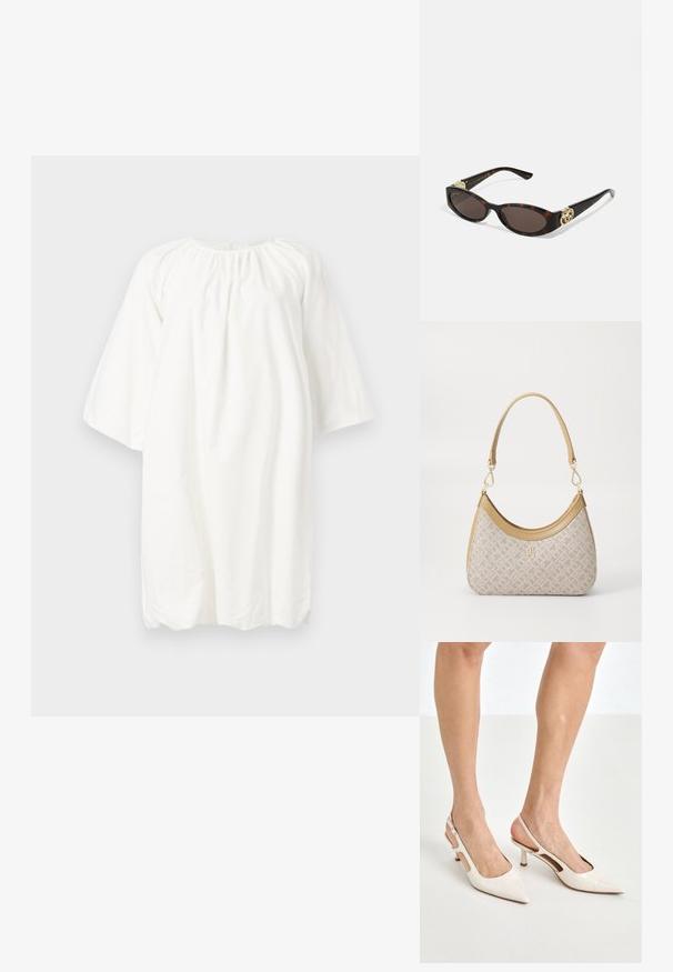 Weißes Baumwollkleid mit rundem Ausschnitt, Dreiviertelärmeln und Raffung am Ausschnitt; lockere, schlichte Gestaltung.; Beige Lackleder Slingback-Absätze mit spitzem Fuß und 5 cm Absatz, mit ausgeschnittenen Seiten und einem schmalen Knöchelriemen.; Schildpatt-Sonnenbrille mit länglich-ovalen Gläsern, braunem Farbton, goldenen Logo-Akzenten an den Bügeln und schlanken schwarzen Bügeln.; Beige gemusterte Handtasche mit geschwungener Form, Lederakzenten und einem goldfarbenen Logo auf der Vorderseite. Verfügt über einen kurzen Griff für einfaches Tragen.; Perlen- und Kristallhalskette mit einem runden, perlenbesetzten Design in sanften Farbtönen, das abwechselnd Perlen und funkelnde Akzente zeigt, um den Hals getragen.