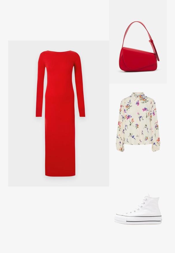 Pikkade varrukatega punane kleit, istuv lõige, ümmargune kaelus, valmistatud siledast kangast, pahkluu pikkune, vooluva silueti ja minimaalse detailidega.; Lille kreemipehme lilleline pluus, millel on pikad puhvli varrukad, millel on lillad, oranžid ja rohelised lillemustrid ning klassikaline kaelus.; Valge kõrgem kangast tenniseking, millel on must kummist tald, ees kummist varvasetugi ja kuus aukku paelte jaoks, pakkudes puhta ja minimalistliku disaini.; Punane nahast käekott, millel on nurkadega geomeetriline disain. Omab ühte reguleeritavat rihma ja klappidega sulgemist, millel on õmblustega kaunistused.