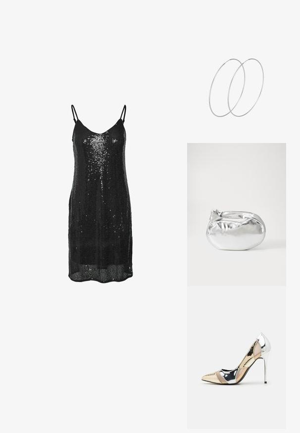 Svart paljettklänning med tunna justerbara straps, V-ringning och rak silhuett. Har en glittrande struktur och en midjelång design.; Spetsig tå högklackad sko med en färgpalett av silver, guld och nude. Glansig yta med utskärningsdesign, utrustad med en stilettklack.; Silverfärgad metallisk påse med en mjuk, rundad form och en knutstängning upptill. Tillverkad av ett mjukt material i konstläder.; Silverfärgade hoopörhängen med en minimalistisk design. Cirkulär form, slät yta och tunn profil. Lätta med en polerad finish.