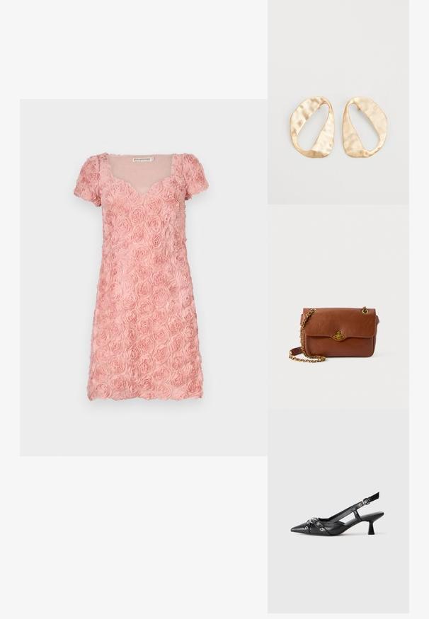 Ida Sjöstedt RUMI DRESS - Koktel haljina / svečana haljina - pink; Crne kožne cipele s remenom oko pete, s izduženim vrhom, dekorativnim trakama s metalnim rupama i niskom blok petom. Teksturirana površina.; Smeđi kožni torbica preko tijela s preklopnim zatvaranjem, zlatnim hardverom i lancem za remen. Glatka tekstura, pravokutni oblik, minimalni detalji.; Par zlatnih metalnih naušnica nepravilnog ovalnog oblika s teksturiranom, blago kovanom površinom na bijeloj pozadini.