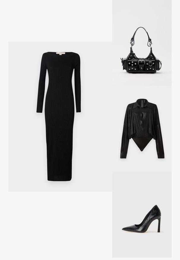 Vestido preto longo com decote canoa, corpete ajustado e mangas longas. Feito de um tecido texturizado, alcançando o comprimento do tornozelo.; Bodysuit preto com mangas longas, decote em V e silhueta ajustada. Feito de um tecido brilhante e suave, com colarinho e punhos estruturados.; Sapato de salto alto de bico fino preto com textura de pele de crocodilo, apresentando um design elegante, salto agulha alto e interior preto suave.; Bolsa de couro preta com um design curvado, apresentando tachas prateadas, uma fivela e dois bolsos laterais. Alça ajustável para opções de transporte.