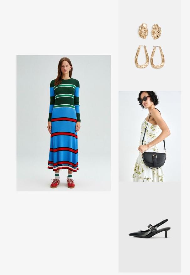 Neulemekko, jossa on pitkät hihat ja vaakaraitoja vihreänä, sinisenä, valkoisena ja punaisena. Kehonmyötäinen istuvuus, jossa on levenevä helma.; Musta patenttinaahkakengät, joissa on osoittava kärki ja pieni lohko korko, varustettuna hopeisella soljella hihnassa.; Musta nahkainen käsilaukku, joka on kaareva muotoilultaan, irrotettavalla hihnalla ja kultaisilla yksityiskohdilla. Laukussa on läppä, jossa on solk yksityiskohta.; Korukultainen korvakorut, joissa on teksturoituja, aaltoilevia muotoja. Mukana on veistokselliset klipsikorvakorut ja avoin rengasmalli, jossa on vasaroitu pinta.