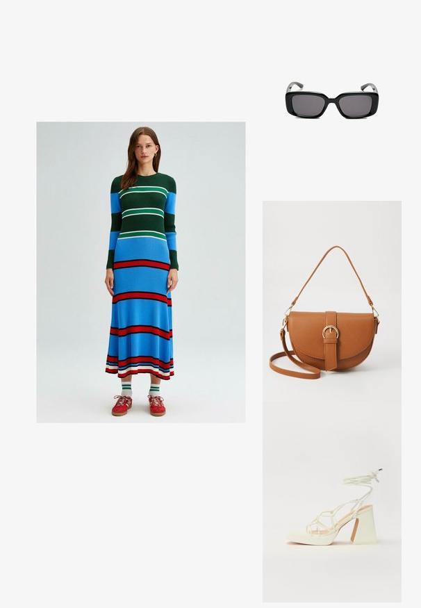 Stickad klänning med långa ärmar och horisontella ränder i grön, blå, vit och röd. Kroppsnära passform med en utsvängd nederkant.; Vit högklackad sandal med en kraftig klack, med ett remdesign och ankelband. Slät textur med en plattform framtill för ökad höjd.; Svarta rektangulära solglasögon med mörka linser, slimmad plastbåge och böjda tempel. Designen är kraftig med en minimalistisk estetik.; Brun läder crossbody-väska med en böjd form, gyllene detaljer och en spänneaccent. Har en avtagbar axelrem.