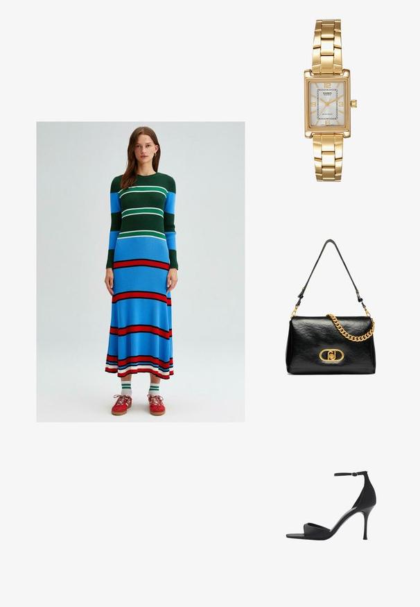 Pletena obleka z dolgimi rokavi, ki ima vodoravne črte v zeleni, modri, beli in rdeči barvi. Oblačilo, ki se prilega telesu, z razširjenim robom.; Mango Sandali z visoko peto - black; Črna usnjena torbica za ramo z gubano teksturo, zlatim verižnim dodatkom in izrazitim zlatim sponko z ovalnim logotipom. Prilagodljiv trak za ramo.; Zlato obarvana pravokotna ročna ura z belo številčnico, srebrnimi kazalci in trdno kovinsko zapestnico. Vključena je vodoodporna funkcija.
