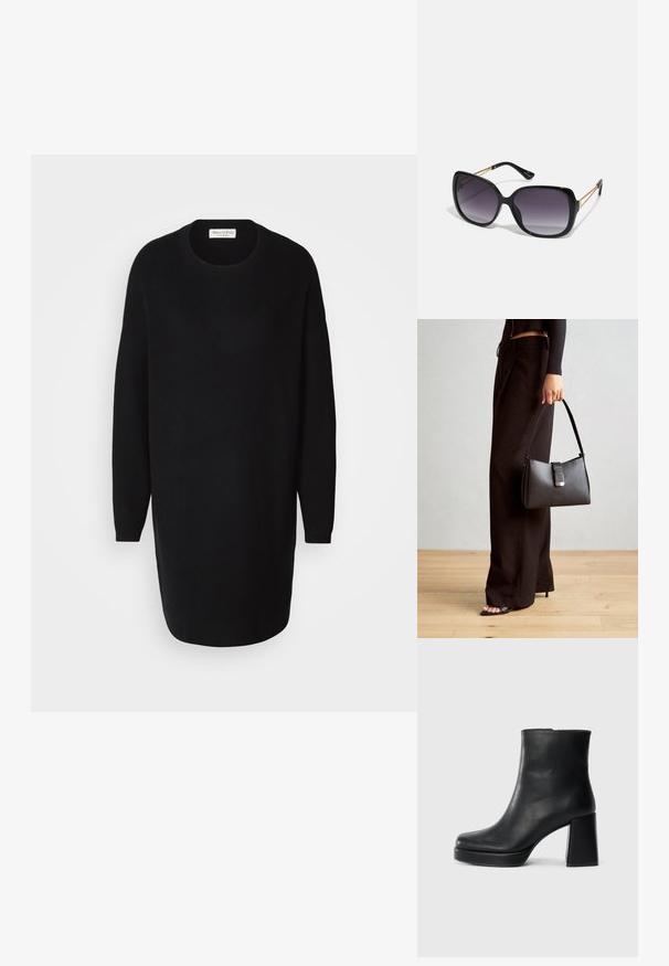 Black knitted sweater dress with a round neckline, long sleeves, and a relaxed fit, featuring ribbed texture and side slits.; Black leather ankle boot with a block heel and platform sole, viewed from the side on a plain white background.; Black oversized sunglasses with gradient lenses, thick frames, and gold-tone chain detailing on the temple arms.; Black handbag with structured shape, smooth texture, and a metallic clasp. Paired with wide black pants and open-toe sandals on wooden floor.