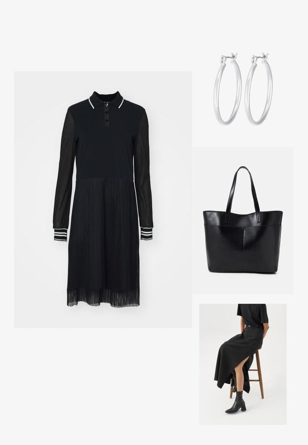 Sort kjole med polo-krave, lange gennemsigtige ærmer og en lagdelt mesh-nederdel. Har knaplukning og stribede ærme-detaljer.; Sort linned maxi-nederdel med en høj slids, båret med en sort t-shirt og sorte ankelstøvler. Minimalistisk design med en afslappet pasform.; Sort læder tote taske med to lange håndtag, en glat tekstur og en struktureret form. Har en forlommem for ekstra opbevaring.; Sølv hoop øreringe med en glat, poleret overflade. Rund form og sikker klik-lukning. Letvægtsdesign, der er velegnet til hverdagsbrug.