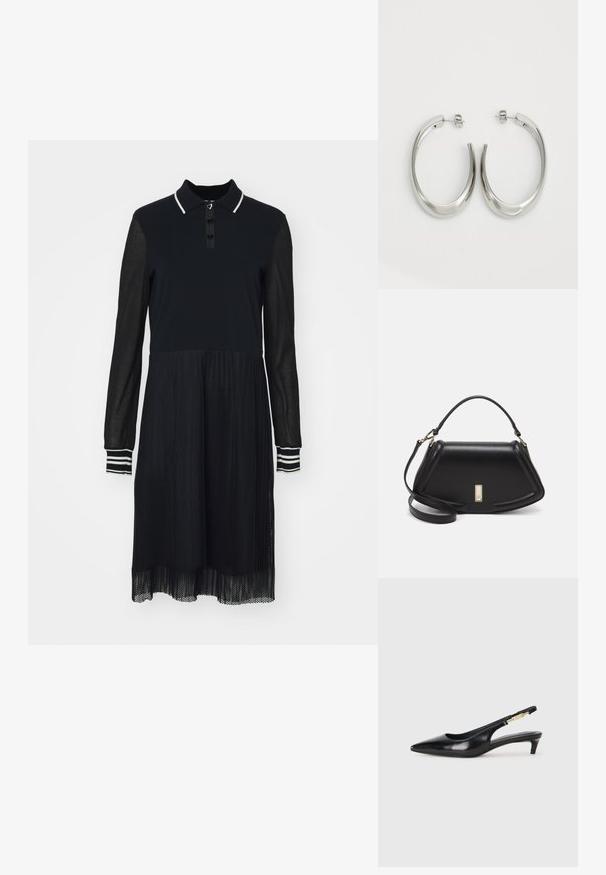 Abito nero con colletto a polo, maniche lunghe in chiffon trasparente e gonna a strati in rete. Presenta una chiusura con bottoni e accenti a righe sulle maniche.; Tacchi slingback in pelle nera con punta affusolata, caratterizzati da un tacco alto e un accento dorato sulla cinghia regolabile. Texture liscia.; Borsa a mano in pelle nera con un design strutturato, caratterizzata da una forma corta, manico superiore e accessori in metallo dorato. Inclusa tracolla regolabile.; Orecchini a cerchio argentati con un design liscio e curvo. Presentano una finitura metallica lucida e una chiusura a perno. Nessun motivo o accentuazione visibile.