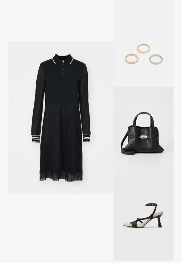Sort kjole med polo-krave, lange gennemsigtige ærmer og en lagdelt mesh-nederdel. Har knaplukning og stribede ærme-detaljer.; Sorte hælede sandal med flettet remdesign, firkantet tå og justerbar ankelrem. Lys beige fodseng med en blank sort hæl.; Sort læderhåndtaske med en tekstureret overflade, der har to bærehåndtag, en aftagelig skulderrem og en detalje med sølvspænde.; Tre metalringe: en i rosaguld, en guld med strukturerede detaljer og en i sølv, alle med indgraveret branding på den indre ring.