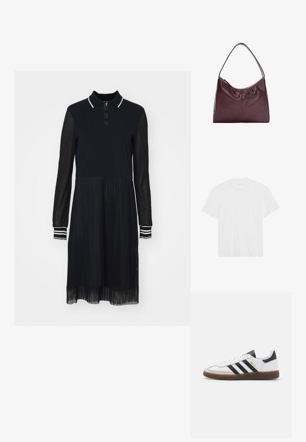 Schwarzes Kleid mit Polo-Kragen, langen durchsichtigen Ärmeln und einem geschichteten Netzrock. Mit Knopfverschluss und gestreiften Ärmelakzenten.; Weißes Baumwoll-T-Shirt mit kurzen Ärmeln, Rundhalsausschnitt und geradem Saum. Glatte Textur, minimalistisches Design ohne Muster oder Akzente.; Weiße Leder-Sneaker mit schwarzen Wildlederakzenten, drei schwarzen Streifen, beigefarbener Gummisohle und goldener "SPEZIAL"-Branding an der Seite.; Burgunderfarbenes Leder-Hobo-Bag mit einem geschwungenen Griff und einem weichen, strukturierten Körper. Verfügt über einen Reißverschluss und minimalistische Nähte.