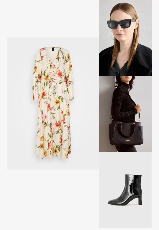 Blommig omlottklänning i creme, med rosa, orange och gula blommor. Volangkrage, lång ärm, och knyt detaljer i midjan.; Svart lackläder ankelboot med spetsig tå och en medelhög klack. Slät textur och minimalistisk design.; Svarta katterformade solglasögon med mörka linser, tjocka bågar och subtila detaljer. Bärs tillsammans med en svart kappa och en grå topp, med långt rakt hår.; Svart handväska med texturerad yta, dubbla handtag upptill och justerbar axelrem. Utrustad med detaljer i guld och sidofickor.