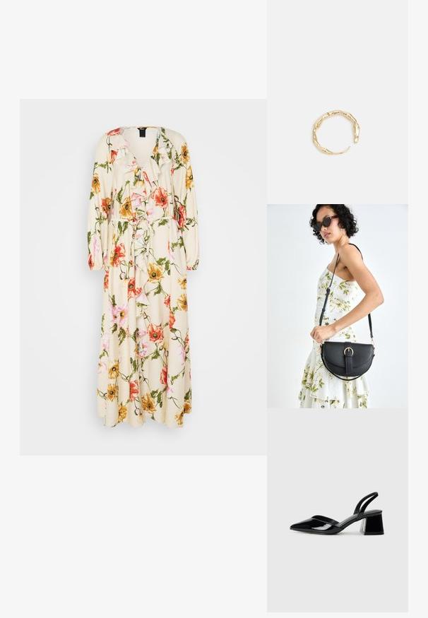 Blumenkleid in Creme mit rosa, orange und gelben Blumen. Rüschenausschnitt, lange Ärmel und taillierter Kordelzug.; Schwarze Lackleder-Slingback-High Heels mit spitzem Schuh und einem geometrischen Blockabsatz. Verfügt über ein schlankes, minimalistisches Design und eine glatte Textur.; Schwarze Lederhandtasche mit geschwungener Form, abnehmbarem Tragegurt und goldenen Beschlägen. Die Tasche verfügt über einen Deckel mit einer Schnallen-Details.; Goldfarbener Ring mit einem organischen, gedrehten Design, glatter Oberfläche und sich verjüngenden Enden, was ein modernes, skulpturales Erscheinungsbild erzeugt.