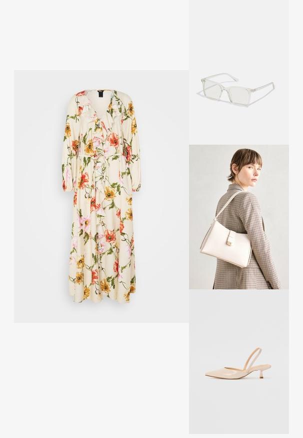 Kermavirheä kukallinen mekko, jossa on vaaleanpunaisia, oransseja ja keltaisia kukkia. Röyhelökaula-aukko, pitkät hihat ja sidottu vyötäröyksityiskohta.; Beige patenttanssisen nahasta valmistetut slingback-korkokengät, joissa on terävä kärki ja kapea, neliömäinen korko. Saumatonta pinta ja minimalistinen muotoilu ilman koristeita.; Selkeä muovinen neliönmuotoinen kehyslasit, joissa on läpinäkyvät linssit ja kultaset mäntäraudat lisäämään yksityiskohtia.; Valkoinen nahkainen käsilaukku, jossa on jämäkkä muotoilu, magneettinen suljin ja olkahihna, esillä neutraalilla taustalla.