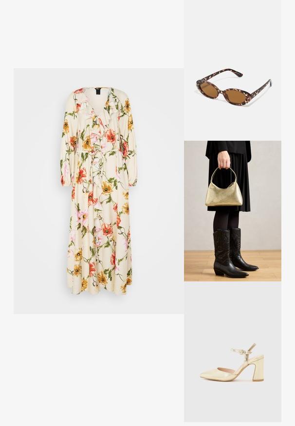 Vestido floral em creme, com flores rosa, laranja e amarelas. Decote com babados, mangas longas e detalhe de cintura atada.; Sapato de salto metálico dourado com bico pontiagudo, uma tira no tornozelo com fecho circular e um design de salto grosso. Textura suave.; Óculos de sol em tartaruga com lentes ovais, com tonalidade castanha, hastes finas com padrão texturizado, estrutura leve em plástico.; Bolsa de mão texturizada em dourado com uma forma curva e alça curta, segurada por uma pessoa que usa uma saia plissada preta e botas de cowboy pretas em couro.