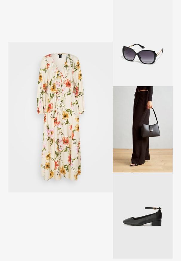 Vestido envolvente floral en color crema, con flores en tonos rosa, naranja y amarillo. Escote con volantes, mangas largas y detalle de cintura atada.; Zapato de tacón negro de cuero con punta afilada y tacón bajo cuadrado. Presenta una correa para el tobillo con una hebilla en tono dorado. Textura suave.; Gafas de sol negras de gran tamaño con lentes degradados, montura gruesa y detalles de cadena en tono dorado en las patillas.; Bolso negro con forma estructurada, textura suave y un cierre metálico. Combinado con pantalones anchos negros y sandalias de dedo en un suelo de madera.