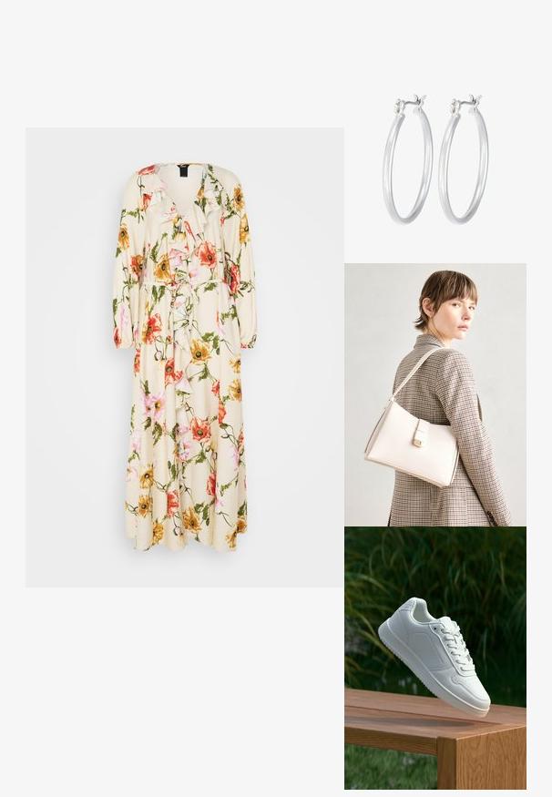 Cvetna obleka v barvi smetane, z rožami v roza, oranžni in rumeni barvi. Obleka ima valovit ovratnik, dolge rokave in pas, ki se zavezuje.; Bela teniska s gladkim sintetičnim zgornjim delom, perforiranim prednjim delom, ravnimi vezalkami in teksturiranim podplatom, prikazana na leseni površini.; Bela usnjena torba s strukturirano zasnovo, opremljena z magnetnim zapiranjem in naramnico, prikazana na nevtralni ozadju.; Srebrni obroči za ušesa z gladko, polirano površino. Okrogla oblika in varna zaponka s klikom. Lahka zasnova, primerna za vsakodnevno nošenje.
